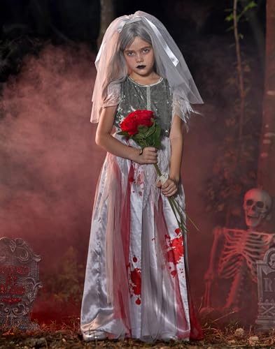 Halloween Girls Zombie Bride Dress with Veil Headband 4-14 Years3