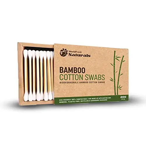 WorldFront Naturals Biodegradable Bamboo Cotton Swabs 200pcs - Eco-Friendly Natural Cotton Buds - Premium and Organic Multi Use, Makeup Removal, Earwax Removal, Art and Crafts