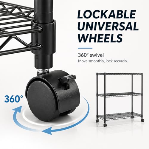 Image of Simple Deluxe 3-Tier Heavy Duty Adjustable Storage Shelf with Wheels, 23.23 inchW x 13.39 inchD x 30.31 inchH, Mobile or Stationary Metal Shelving Unit, Easy Assembly for Kitchen, Pantry, Laundry Room, Black