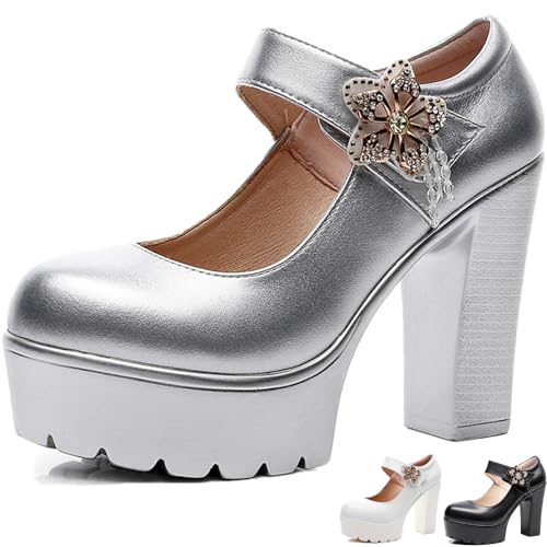 Women's Leather Platform High Chunky Heel Dress Mary Jane Pumps with Adjustable Flowers Hook and Loop Fashion Closed Round Toe Comfortable Non-Slip Waterproof Pump Shoes for Formal Wedding Party Work