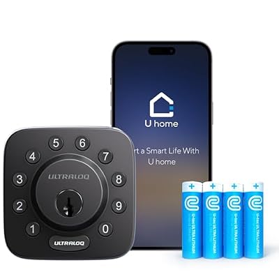 ULTRALOQ U-Bolt WiFi Smart Lock + 4 AA Lithium Batteries + Door Sensor, Keyless Entry Door Lock, Built-in WiFi Deadbolt, Remote Control No Hub, Auto Unlock, Easy Installation, IP65 Waterproof, Black