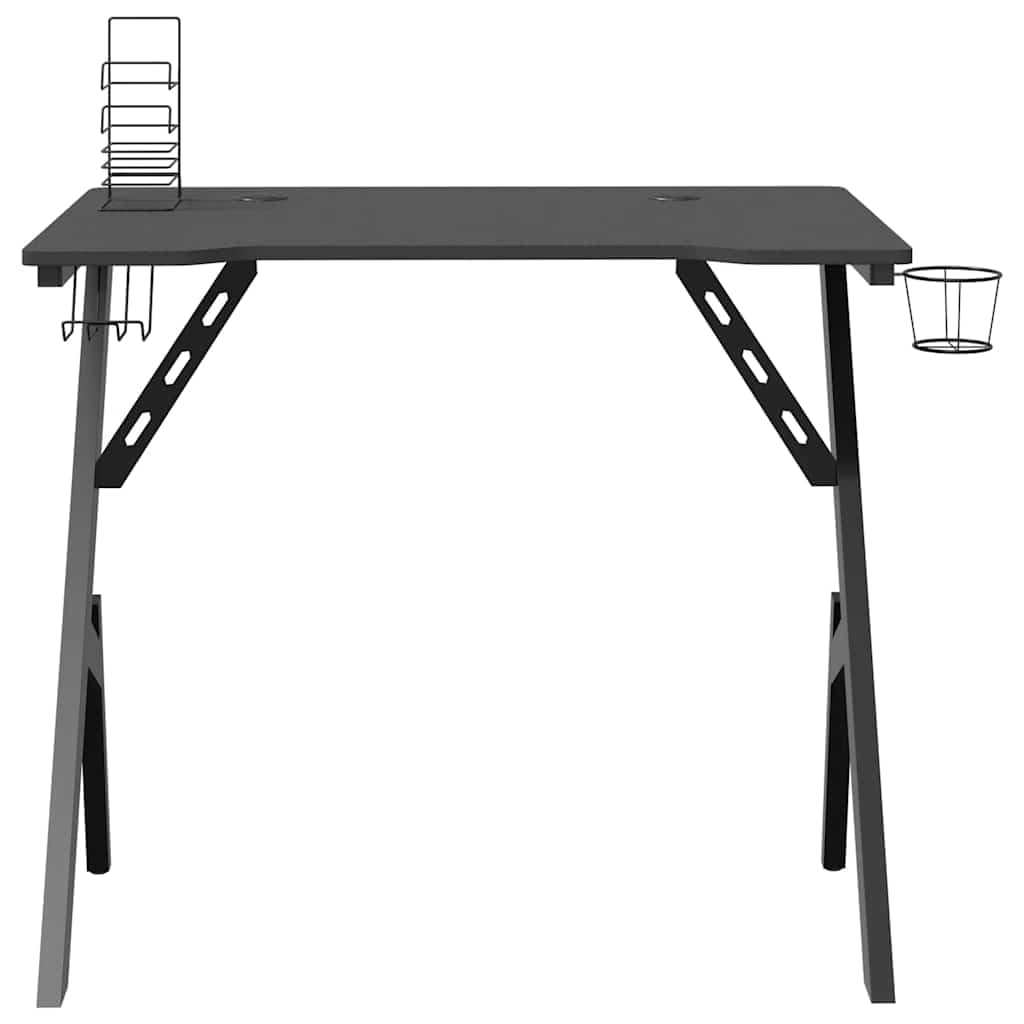 Gaming-Schreibtisch mit Y-Gestell Schwarz 90x60x75 cm, ergonomischer Computertisch mit Kopfhörerablage und Becherhalter, Stabiler Schreibtisch für Monitor und Zubehör