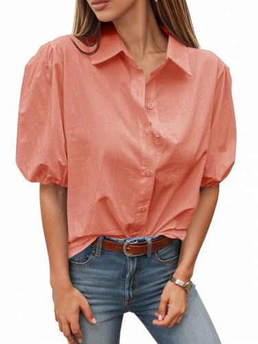 Image of Tankaneo Women's Button Down Shirts Short Puff Sleeve Collared Dressy Casual Blouse Tops