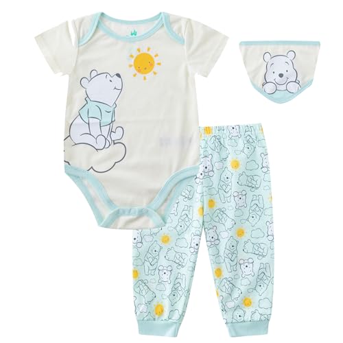 Image of Disney Winnie the Pooh Baby Short Sleeve Bodysuit with Bib and Pants 3 Pack Set