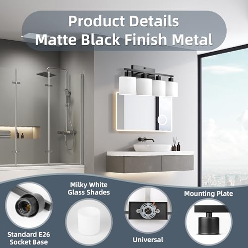 Image of CANMEIJIA 4-Light Bathroom Vanity Light Matte Black E26 Glass Wall Sconce | Modern Dimmable Milky White Shades with Waterproof Rust-resistant Finish for Mirror Restroom, Easy Installation