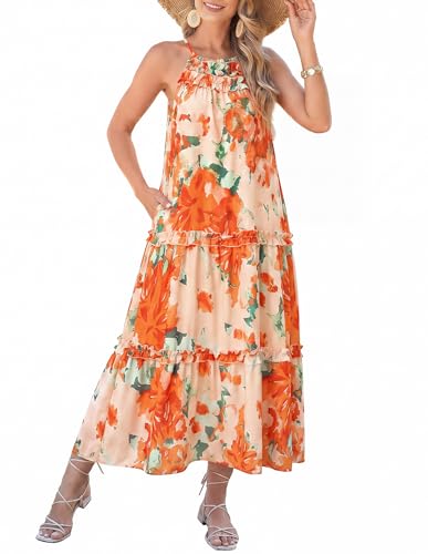 Image of GRACE KARIN 2026 Women's Floral Halter Maxi Dress Boho Summer Beach Sundress with Tiered Ruffle Skirt