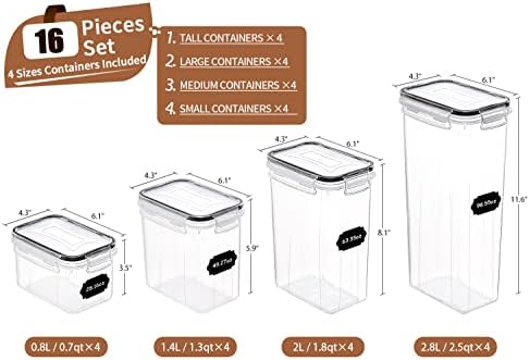 PRAKI Airtight Food Storage Container Set with Lids, 16 Pcs Plastic Dry Food Canisters for Kitchen Pantry Organizers and Storage, Ideal for Cereal, Flour & Sugar - Labels, Marker(Black) - 1