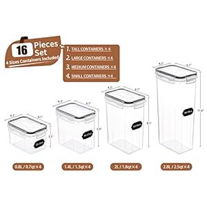PRAKI Airtight Food Storage Containers Set 16 Pcs BPA Free Plastic Dry Food Canisters for Kitchen Pantry Organization and Storage Ideal for Cereal Flour Sugar Labels MarkerBlack