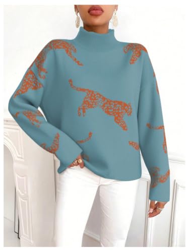 Image of WDIRARA Women's Leopard Tiger Print Sweater High Neck Long Sleeve Fuzzy Knitted Pullover Top
