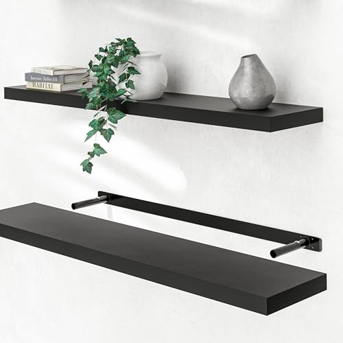 Casaria® Wandregal Holz Schwarz Regal mit Halterung 15kg Tragkraft Hängeregal Küche Wohnzimmer Flur Wand Schweberegal Bücherregal Regalbrett Schwebend Matt 110cm