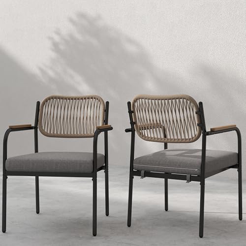 DAYAOUTDOOR Patio Dining Chair Set, Modern Dining Chairs, Metal Chairs for Outside with Armrest, Rope Outdoor Diner, Outdoor Kitchen Furniture in All Seasons, Grey