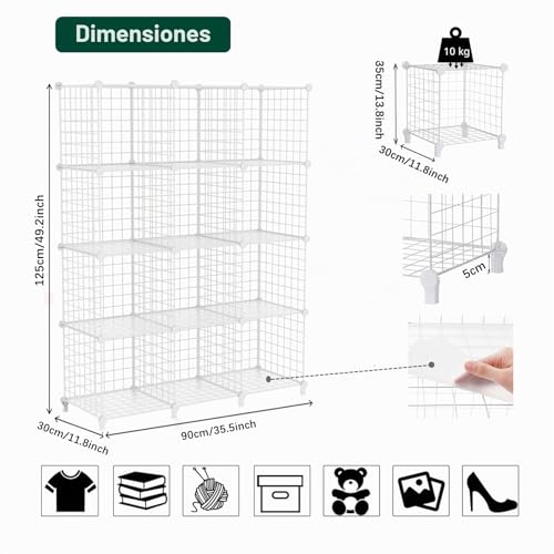 Miniatura 3 de Awtatos Estante De Almacenamiento De Cubos De Alambre, 12 Cubos, Organizador De Cubos De Almacenamiento Modulares, Estante De Alambre De Hierro Multiuso, Estante Para Sala De Estar, Hogar, Blanco