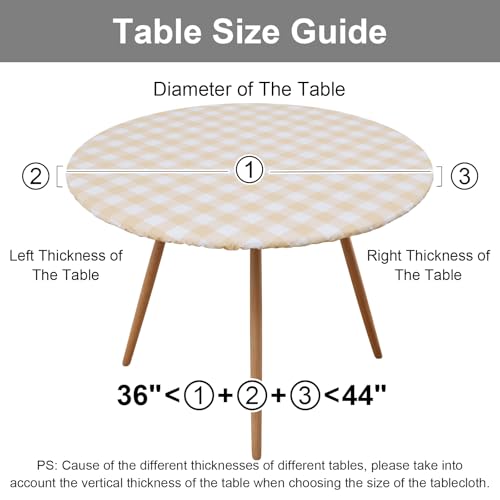 Smiry Round Picnic Tablecloth, Elastic Waterproof Fitted Vinyl Tablecloths for 36"-44" Tables, Flannel Backed Buffalo Plaid Table Cover for Dining, Camping, Outdoor, White and Beige by Smiry - Used condition - Image 7