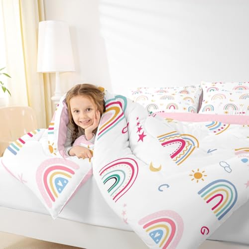 Image of Feelyou Cartoon Rainbow Letters Bedding Set Soft for Boys Girls, ABC Alphabet Comforter Set Queen Size Cute Rainbow Duvet Quilt Microfiber Educational Bedroom Decor 3 Pcs with 2 Pillow Cases