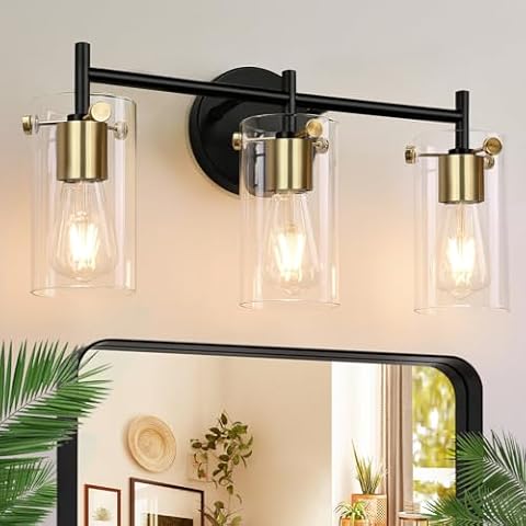 Bathroom Light Fixtures 2024 Upgrade, 3-Light Black and Gold Bathroom Vanity Light, Black Bathroom Lights Over Mirror with Clear Glass Shade, Bathroom Wall Sconces for Mirror Bedroom Living Room Cover