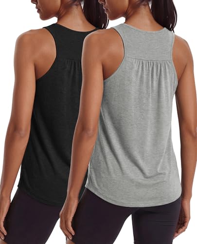 PINSPARK Womens Workout Tops Sleeveless Racerback Tank Top Lightweight Athletic Yoga Shirts Quick Dry Flowy Running Summer Tank,Black/Light Grey L