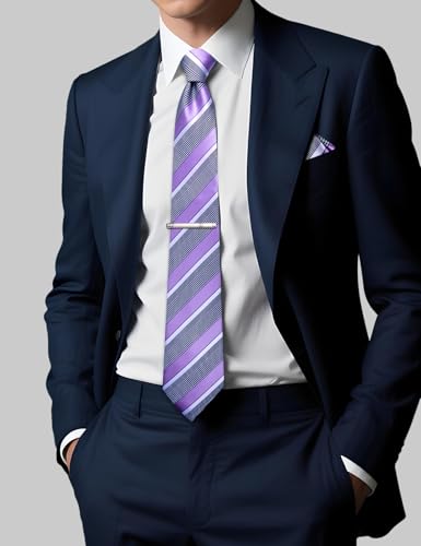 Image of DiBanGu Mens Striped Tie Silk Woven Necktie and Pocket Square Cufflinks Tie Clip Set Wedding Business Formal Gift Tie for Men