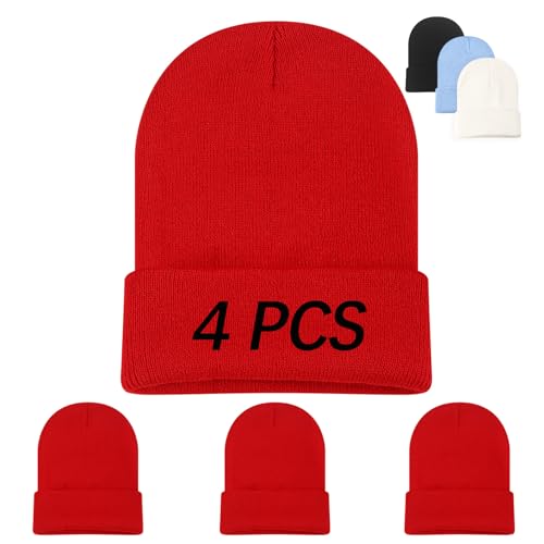 DASSNANE 4pcs Red Beanie Hats for Men Beanie for Women Winter Knitted Hat Stocking caps Soft Ski Hat Warm Blank
