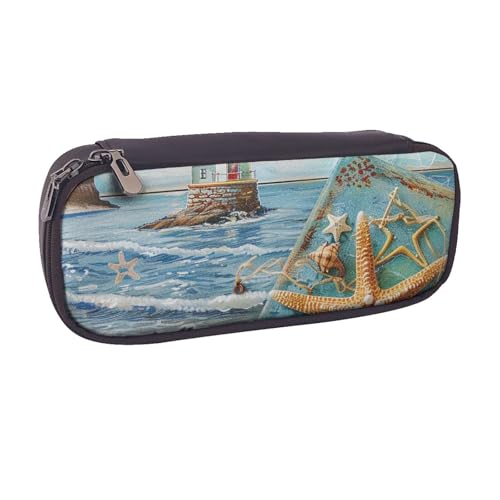 LRHCNZDCP Trousse à crayons imprimée plage grande capacité en cuir pour l'école, le bureau, l'université, adultes, garçons et filles, Noir , Taille...