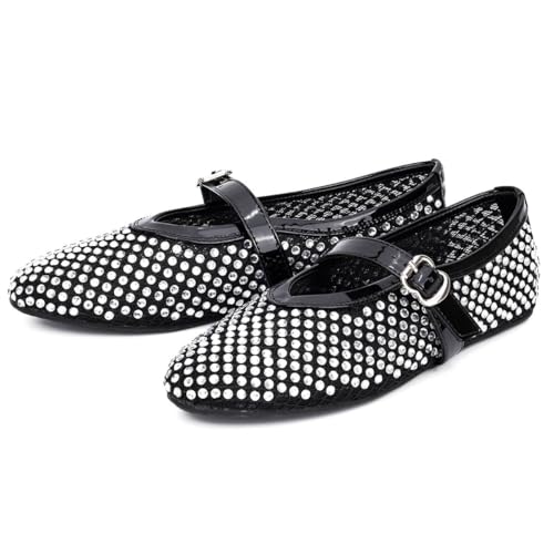Rhinestone Women's Mesh Ballet Flats with Buckle Strap Mary Jane Ballerina Shoes Comfy Casual Dress Shoes Office Black2