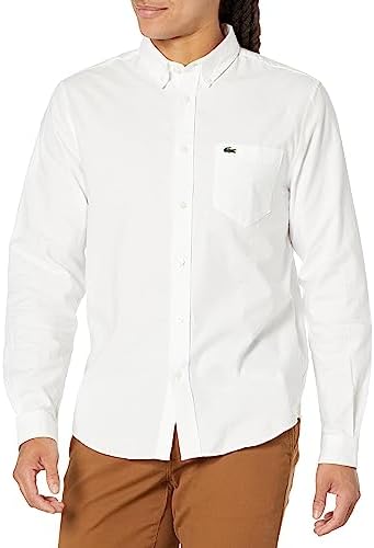Lacoste Men's Buttoned Collar Oxford Cotton Shirt, Blanc, X-Large