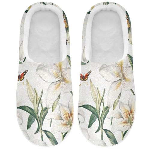JUNZAN Vintage Lily White Mens House Cotton Slipper Closed Toe Memory Foam Ladies Slippers for Hotel Funny Presents 6-7