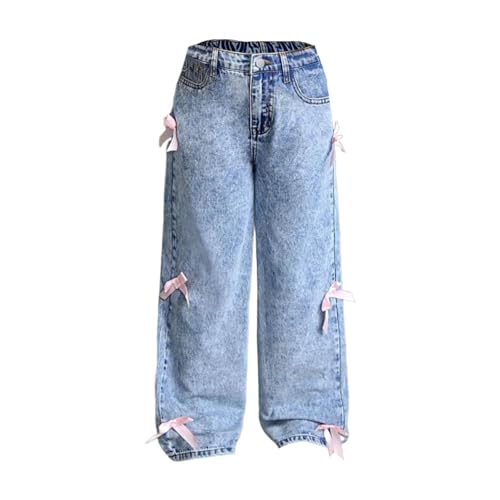 Kids Girls Baggy Jeans Wide Leg Straight Butterfly Bow Demin Pants Loose High Waist Girls Trendy Teen Fall Trouser2