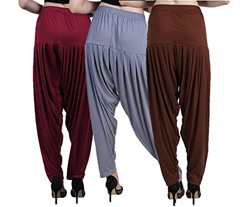 Image of Casuals Women's Regular Fit Viscose Drawstring Patiala Harem Pants Combo Pack 3 (Maroon :: SteelGrey :: Coffy Brown,XXL)