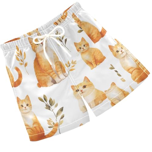 Pigsaly Boys' Swim Board Shorts Watercolor Leaves Cute Yellow Cat Boy's Swim Trunks Kids Swimwear 3T