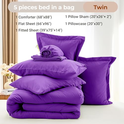 MUXHOMO 5 Pieces Twin Comforter Set, Soft Bed in a Bag Twin Size, All Season Bedding Set with Comforter, Flat Sheet, Fitted Sheet, Pillowcases & Shams, Purple