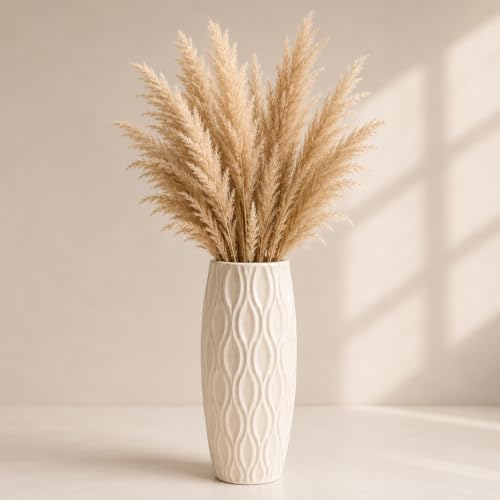 Image of Ceramic Flower Vase, Off White, Tall Cylindrical Shape, Embossed Wave Texture Pot, 23 cm, for Artificial Flowers and Dried Pampas Grass (only Vase) (Wavy Embossed)