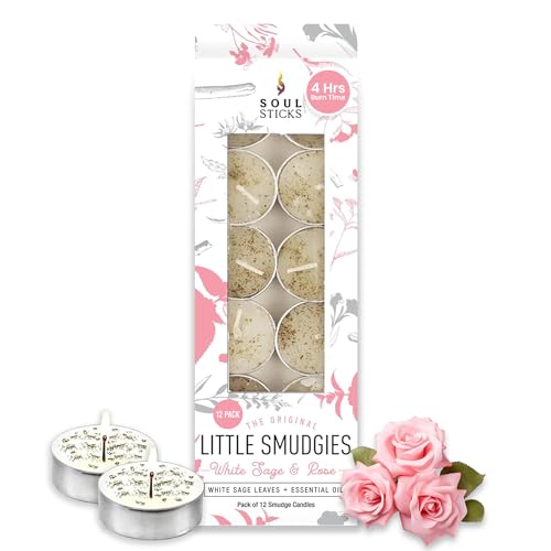 SOUL STICKS 12 Pack Little Smudgies Tealight Candles Smudge Candle for Cleansing House, Meditation, Chakra Healing | Made with Crystals and Herbs (White Sage & Rose)