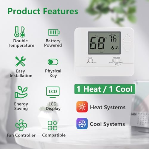 Wengart Non-Programmable Thermostat for Home,1 Heat/1 Cool with LCD Green Backlight Screen,Compatible with Single Stage Systems White