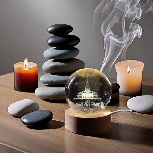 Image of 3D Crystal Ball Night Light with Wooden Base, Aesthetic Clear LED Lamp for Home and Bedroom Touch Switch, Warm Light for Kids and Teens Perfect Birthday & Anniversary (Shree Ram Mandir)
