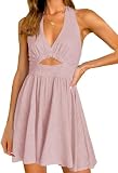Inorin Womens Summer Sleeveless Halter V Neck Backless Cut Out Sexy Casual Party Swing Flared Mini Dress Light Pink