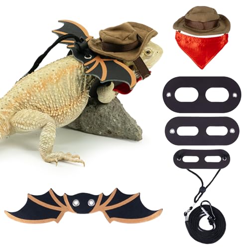 Image of Bearded Dragon Leash Bat Wings Hat Costume Set, Adjustable Cowboy Hat Lizard Leash Harness (S /M /L 3 Pack) for Reptile Lizard Leopard Gecko Holiday Party Accessories