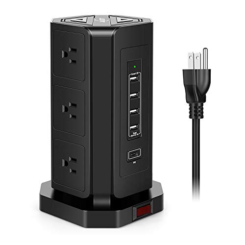 AiJoy USB C Surge Protector Power Strip Tower, 9 AC Outlet with 5 USB(4 USB A, 1 18W PD Port) Charging Ports Multi Plug Outlet Long Extension Cord 10Ft