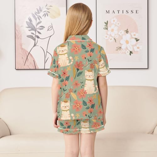 ALAZA Cartoon Cat Flower Animal Pajamas Satin Pajama Set Short Sleeve Button Down Sleepwear4