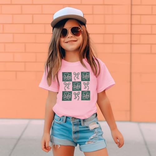 Image of Kid Girls St. Patricks Day Shirts Bow Lucky T-Shirt Shamrock Tees Clover Short Sleeve Tops Irish Outfits 7-12 Years