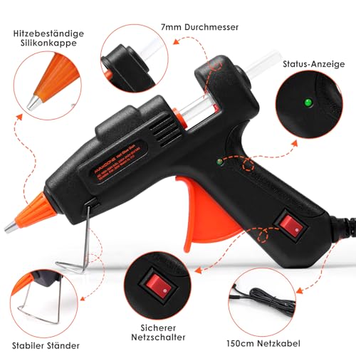 Foto von Feuerfest Heißklebepistole mit 30 Heißklebesticks 7mm Klebesticks, Klebepistole Heissklebepistole für DIY Kleine Handwerk schnelle Reparaturen in Haus & Büro - MAXDONE 20W Klebepistolen Schwarz
