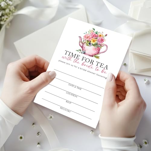 Tarjetas de despedida de soltera con teteras y sobres invitaciones florales boda 3
