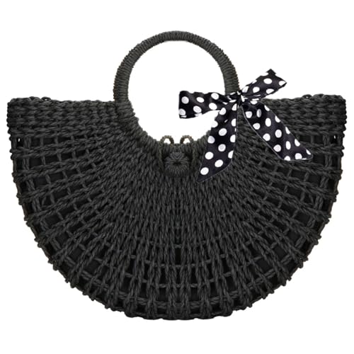 Image of YYW Straw Bags for Women,Hand-woven Straw Top-handle Bag with Round Ring Handle Summer Beach Rattan Tote Handbag