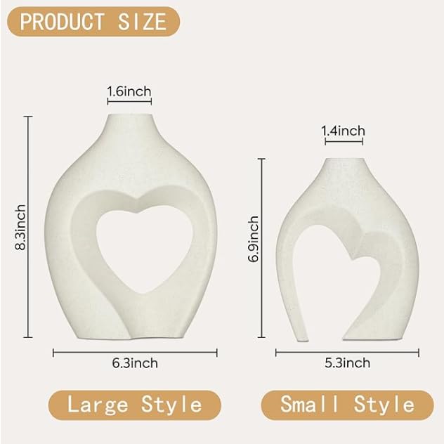 Image of White Heart Shaped Vases for Decor, Shaped Ceramic Vase Set of 2, Minimalist Decorative Vase for Table Centerpiece Wedding Dining Room (Heart Vase)