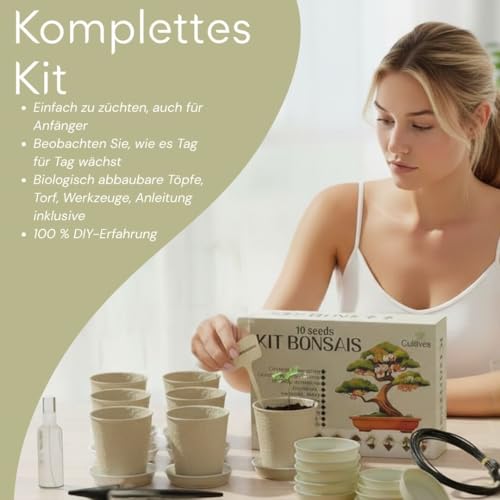 CULTIVEA® Bonsai Anzuchtset – 10 Bäume zum Selbst Anpflanzen – Komplettes Bonsai Starter Kit mit Samen, Töpfen & Werkzeug – Bonsai Anzucht Set für Anfänger – Geschenkidee für Gartenfreunde