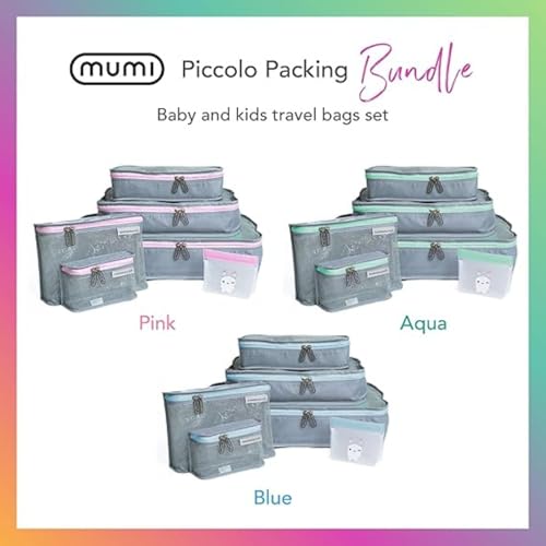 mumi Piccolo Packing Bundle | Set of 3 Packing Cubes, 2 Toiletry Bags, and 1 Reusable Zip Up Bag | Complete Luggage Organizer and Baby Travel Bags Set (Pink)