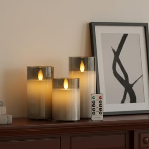 Image of LTETTES Real Wax LED Glass Pillar Flameless Rechargeable Candles | Grey Glass | USB Type-C Charging Cable | Remote Control Included | Home Decor & Gifting | Set of 3 (H-4 inch,5 inch,6 inch x D-3 inch)