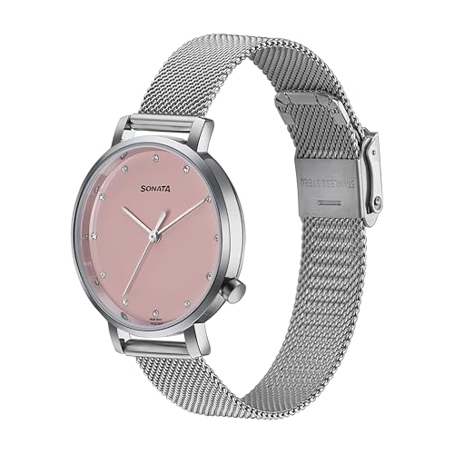 Image of Sonata Elegent Essentials Quartz Analog Pink Dial Stainless Steel Strap Watch for Women
