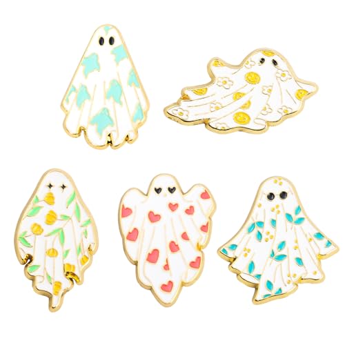 Image of 5Pcs Halloween Ghost Enamel Brooch - Pumpkin Reaper /Death's Scythe Devil Boo Lapel Pin - Cute Flower Smile Heart leaves Pattern Badges Gifts for Women Men