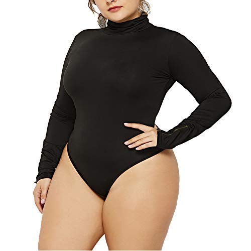 IyMoo Women's Sexy Plus Size Long Sleeve Jumpsuit High Stretch Bodysuit Rompers Playsuit Bodycon Leotards (XL, Black-2)
