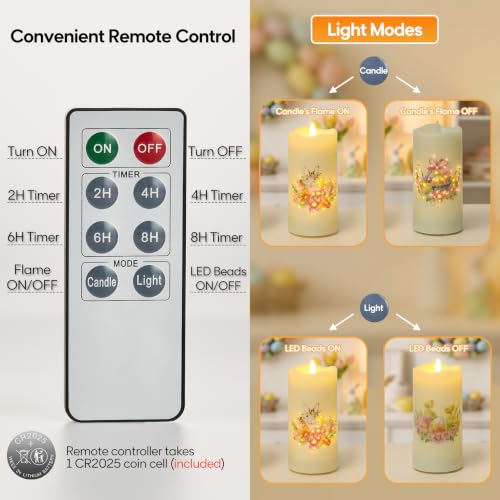 Image of Eywamage Fiber Optic Spring Flameless Candles with Remote, Flickering Easter LED Pillar Candles Battery Operated Set of 3